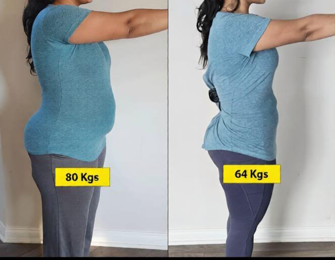 Client transformation: 80 kg → 64 kg (side)