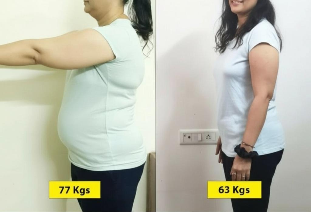 Client transformation: 77 kg → 63 kg (side)